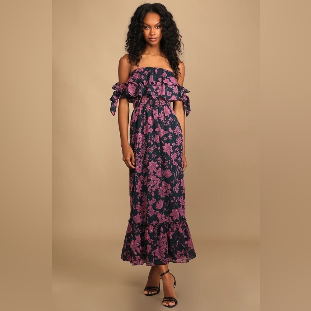 New Lulus Love and Blooms Navy Blue Floral Print Off The Shoulder maxi Dress - Picture 5 of 14
